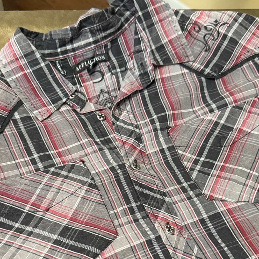 Affliction Plaid Button-Down Shirt in Red, Black & Gray